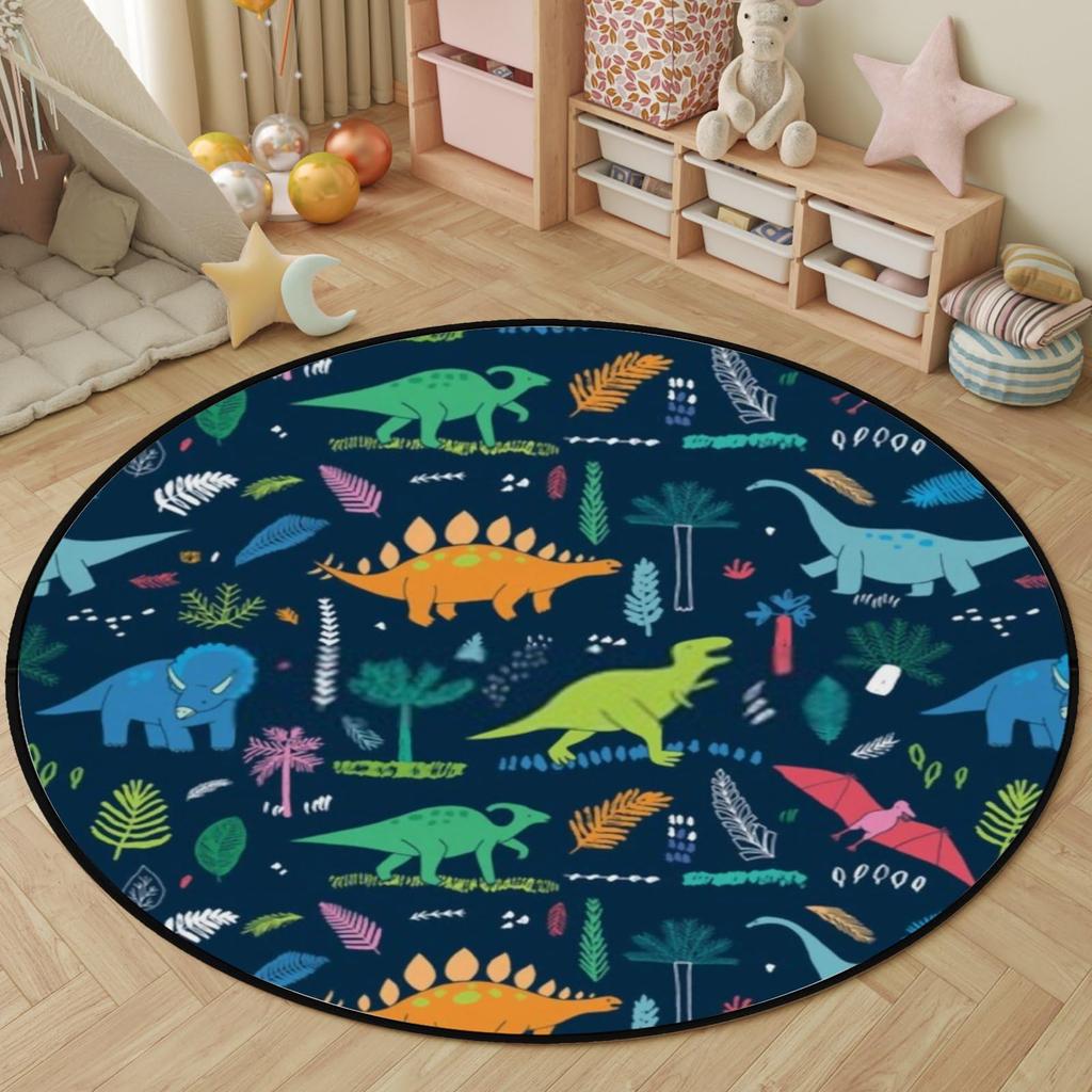 Cartoon Dinosaur Round Carpet Cute Dino Circle Rug for Living Room Playroom Office Laundry Decor Non-slip Comfort Play Yoga Mat