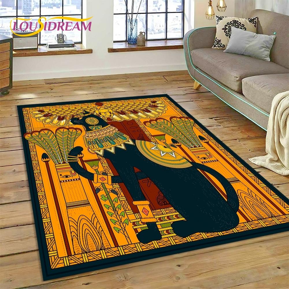 3D Pharaoh Hieroglyphic Egyptian Mythology HD Rug Carpet for Living Room Bedroom Home Decor,Non-slip Decoration for Sofa Doormat