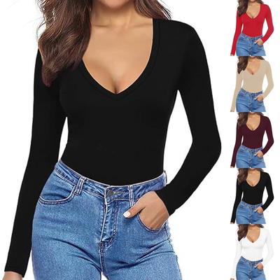 Damen Wintermode Schlanker V-Ausschnitt Einfarbig Langarm Bottom Down Shirt Sweatshirt Top