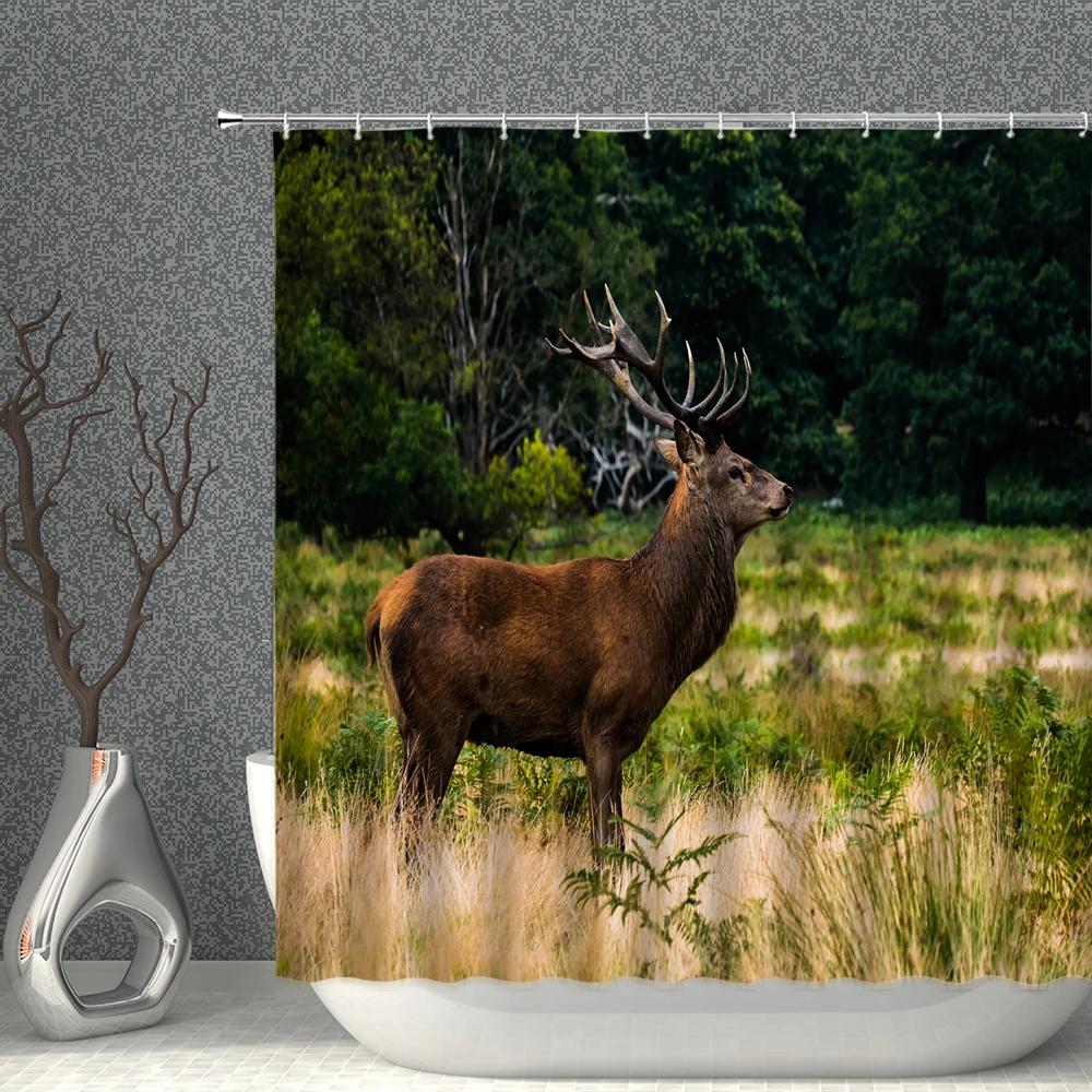Animals Landscape Shower Curtain Set Wild Elk Forest Trees Green Plants Grassland Home bathroom Decor Hanging curtains Washable