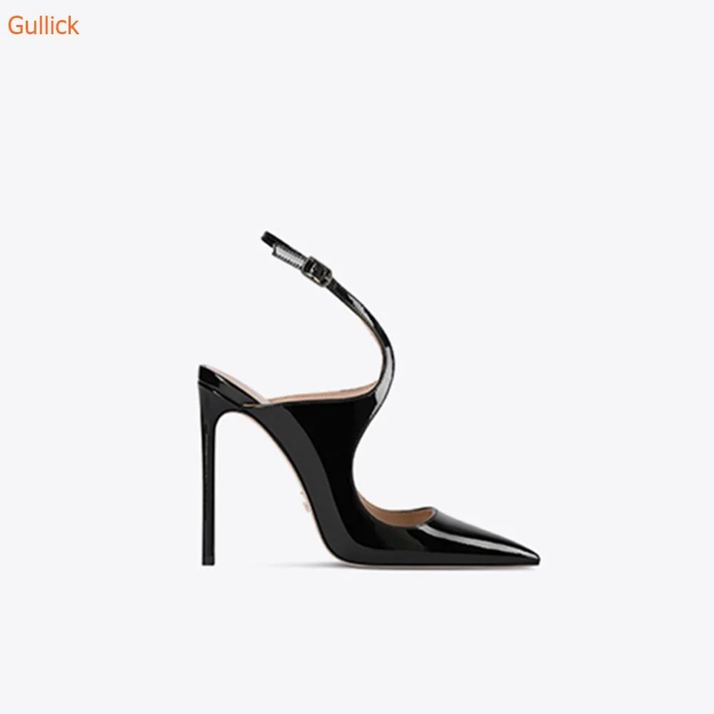 Fashion Black Slingback Cross Strap Women Pumps Thin Heels Patent Leather Shoes Ankle Strap Spring/autumn Pointed Toe Dress Career Pumps