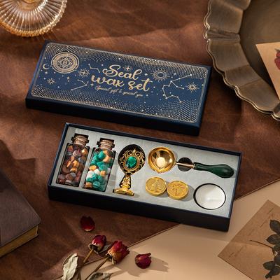 Wachssiegel-Stempel-Set mit 3 Siegelstempeln und einer Flasche Wachsperlen, Löffel und Kerze für Weihnachten im Vintage-Stil