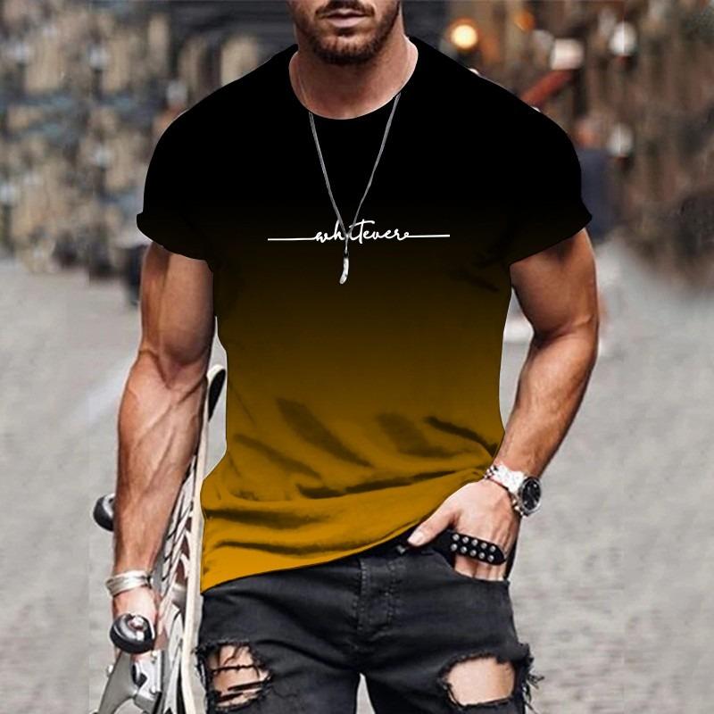 Men's Gradient Letter Printed Comfortable and Breathable Round Neck T-shirt Outdoor Street Fashion Top