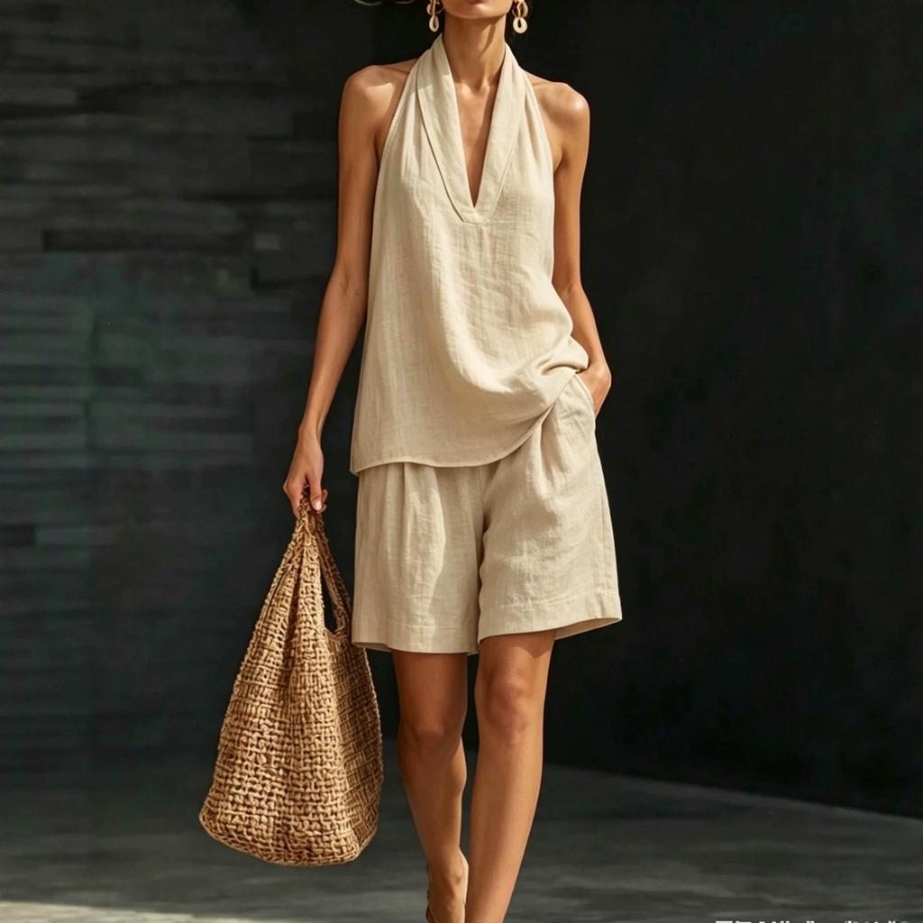 In Stock Women's Halter V-Neck Sleeveless Casual Fashion Set