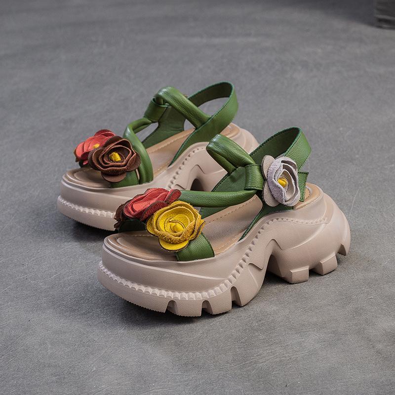 Jie Zhou 2025 Summer Literary Retro Floral Platform Peep-Toe Sandals - Women s Breathable Top Layer Cowhide Shoes 38 зелёный