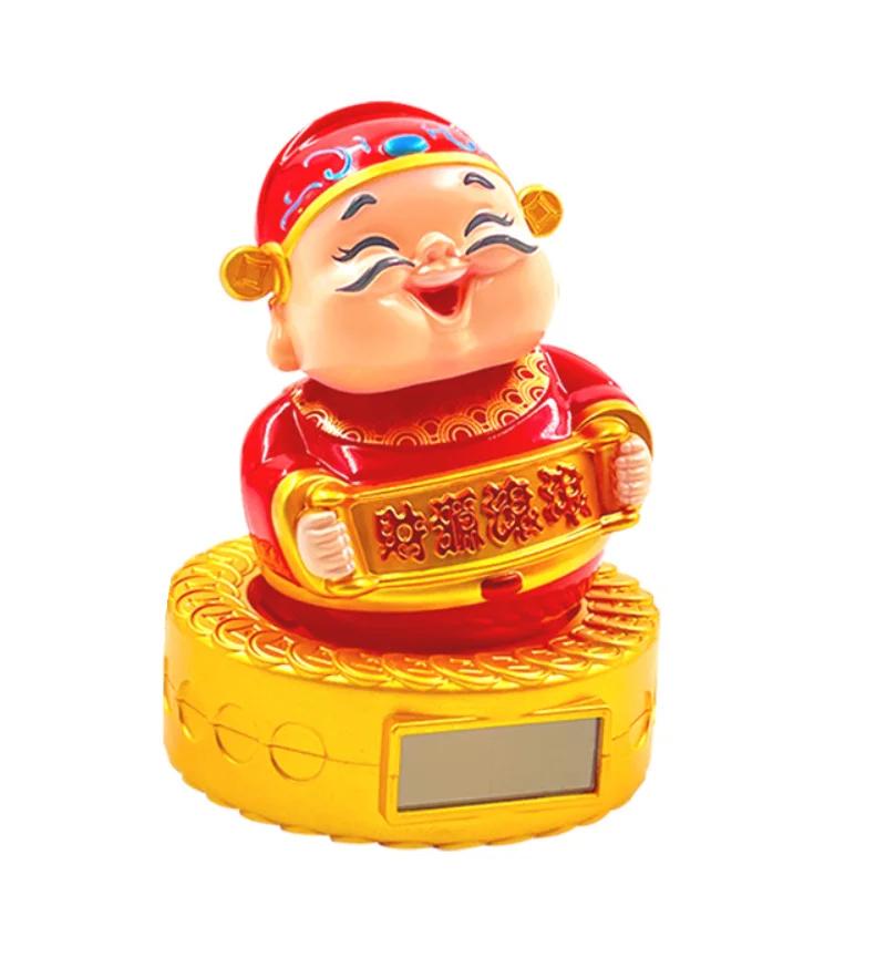 New Solar Powered God of Wealth Car Ornaments Chinese Style Nodding Lucky Wealth Statue Fits Home Store Car Decor Supplies Gift