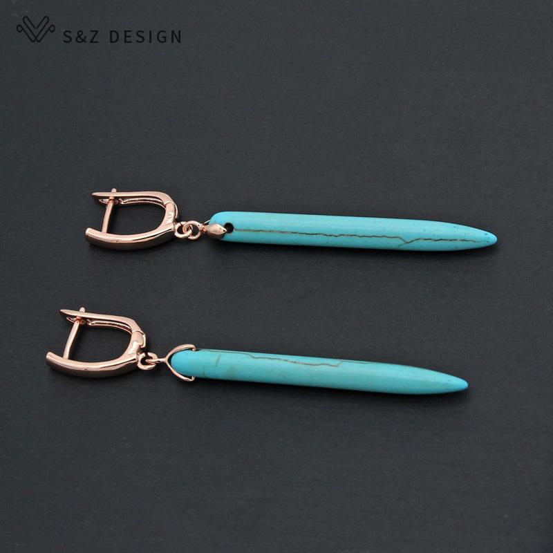Vintage Long Synthetic Turquoises Drop Earrings Jewelry Sets For Women Rose Gold Color Pendant Necklace Gift