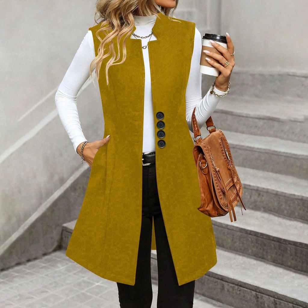 Women's Fashionable Casual Lapel Buttoned Waistcoat Sleeveless Solid-Colour Jacket