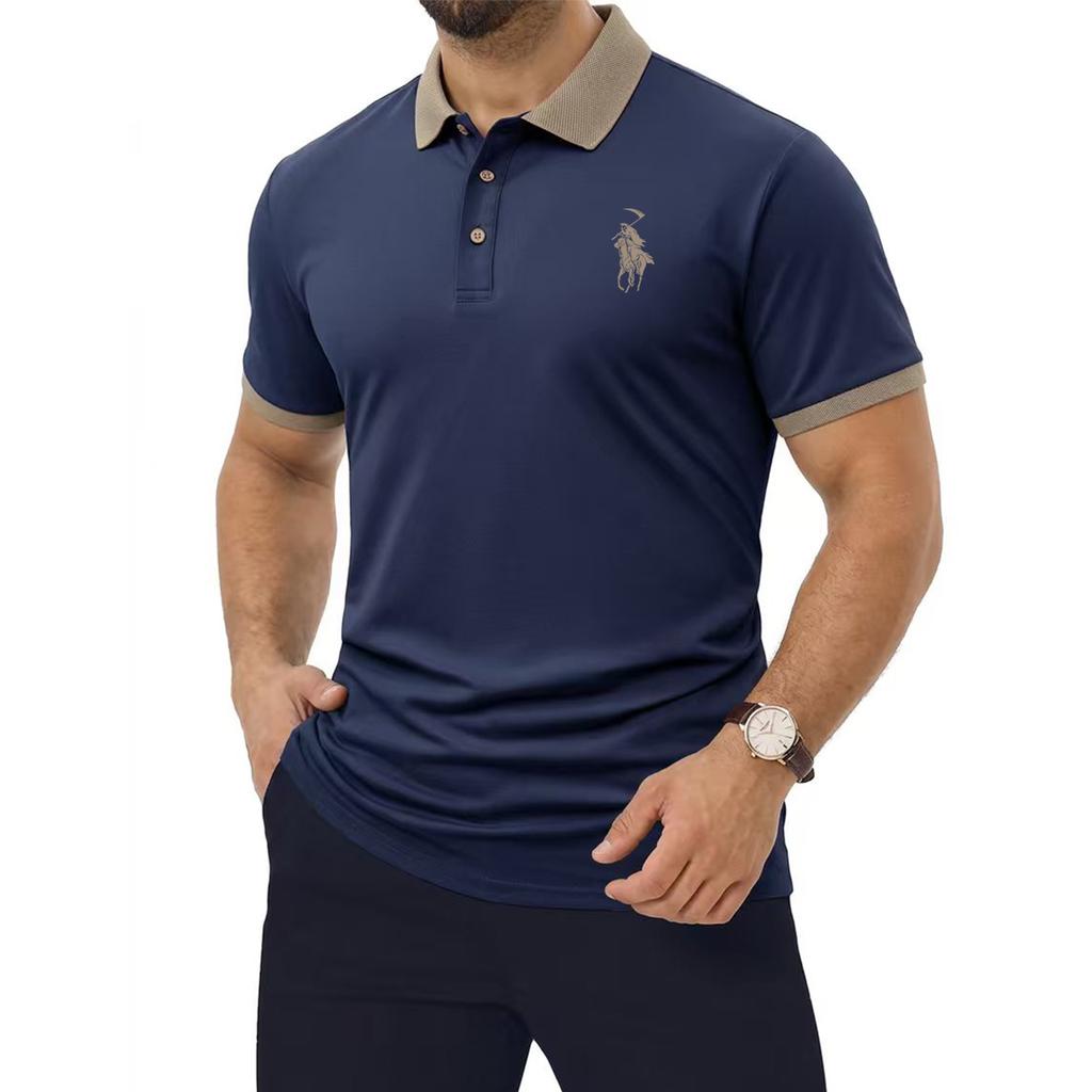Comoda polo da golf con colletto a 3 bottoni aderente, colletto e polsini a blocchi di colore, tessuto traspirante e vestibilità rilassata e casual a maniche corte