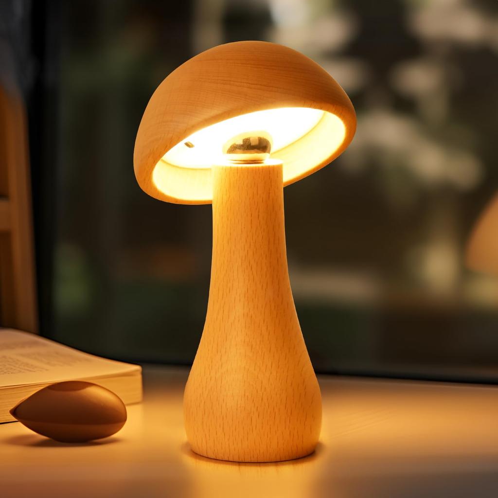 Portable Cordless Wooden Mushroom Lamp with Touch Switch, Small Size, Rechargeable, Stepless Dimming, 360-Degree Rotation, Perfect as a Birthday Gift