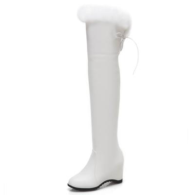 2025 Winter Overknee High Boots Women Comfy Wedges Heels Warm Fur Snow Boot Female Fashion Black White Plush Shoes Girls