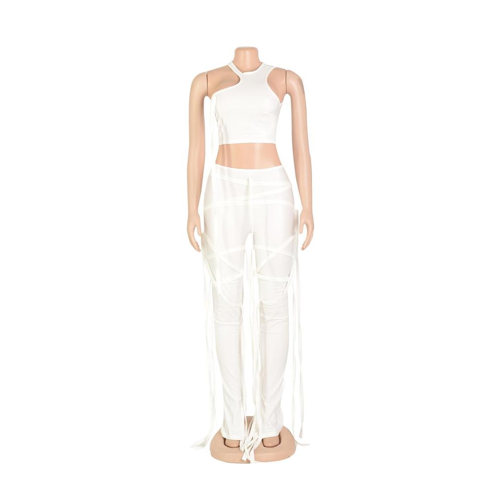 AL154 Women's Sexy Two-Piece Set: Strappy Tank Top & Faux Leather Pants for Nightclub Summer Wear.