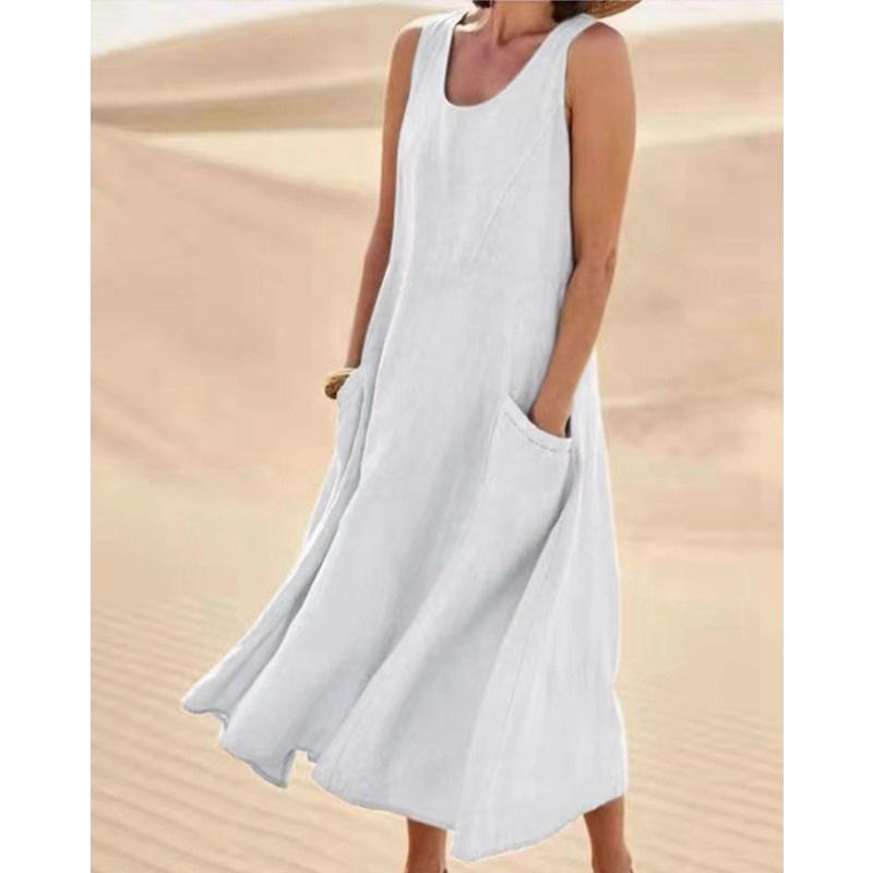Summer European Style Sleeveless Round Neck Women Clothing Cotton Maxi Dress