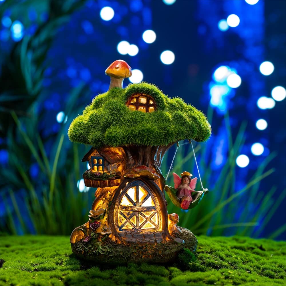 Valery Madelyn Fluffy Fairy House Garden Figurine with Solar Cute Fairytale Garden Outdoor No Batteries Waterproof Ornament, Solar-Powered Light,