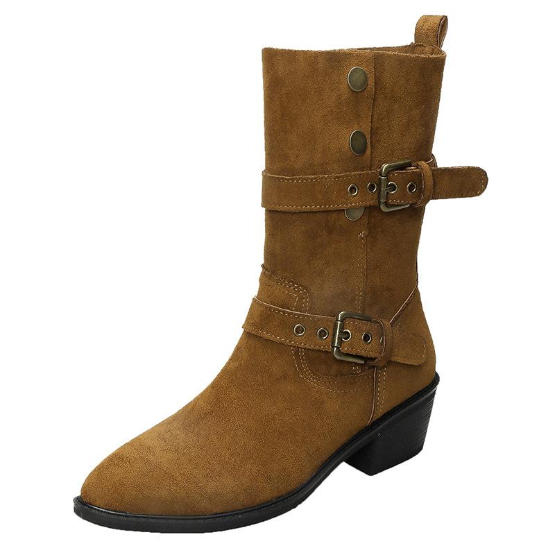 

Retro western cowboy boots women s autumn new thick-soled thick-heeled knight boots two-wear lapel Martin boots 40