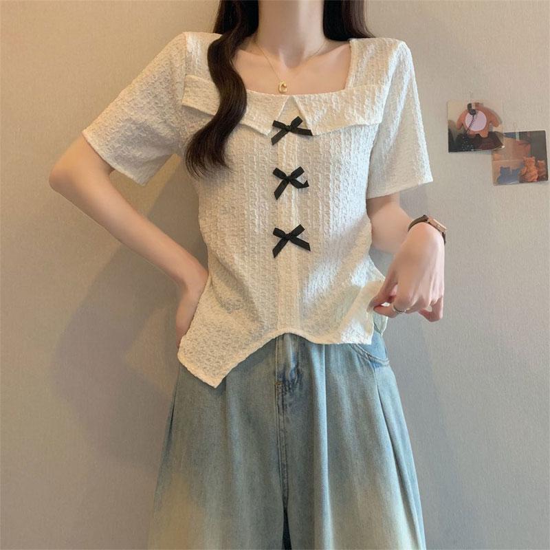 

Женская одежда Пуловеры с квадратным вырезом Стильные Милые с бантом Летние Элегантные Облегающие С коротким рукавом Базовые Однотонные Необычные Футболки M абрикосовый