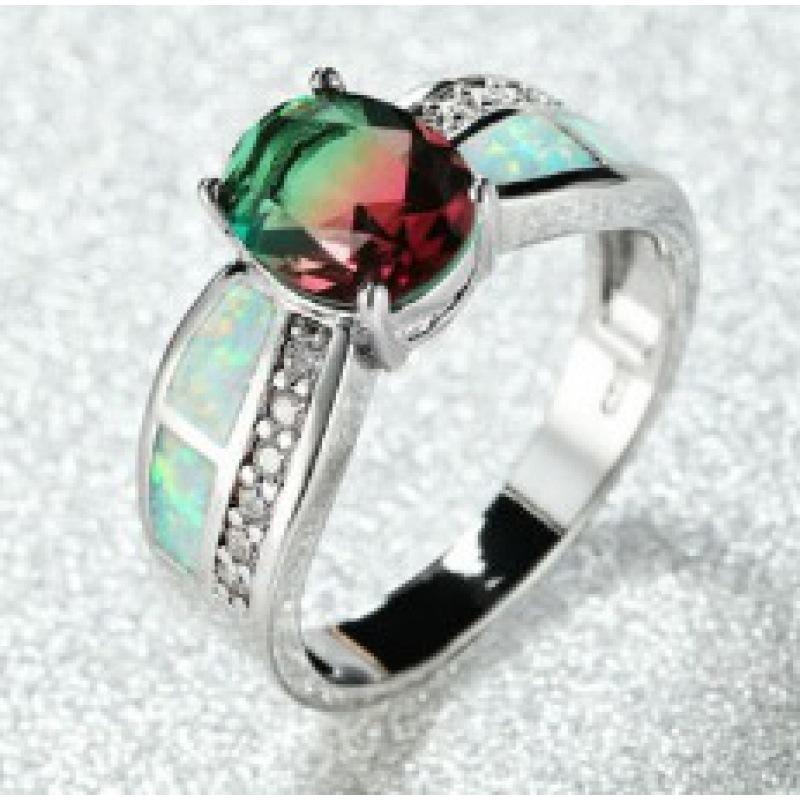 

Wish temperament oval platinum two-color opal + tourmaline personality ring no. 6