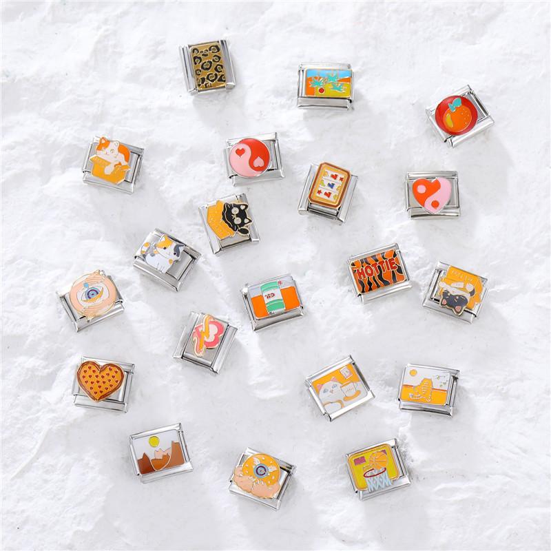 Cartoon Cute Cats Heart Eyes Flowers Cheese Beads Fit 9mm Italian Charms Link Bracelet Stainless Steel Jewelry DIY Making Gifts