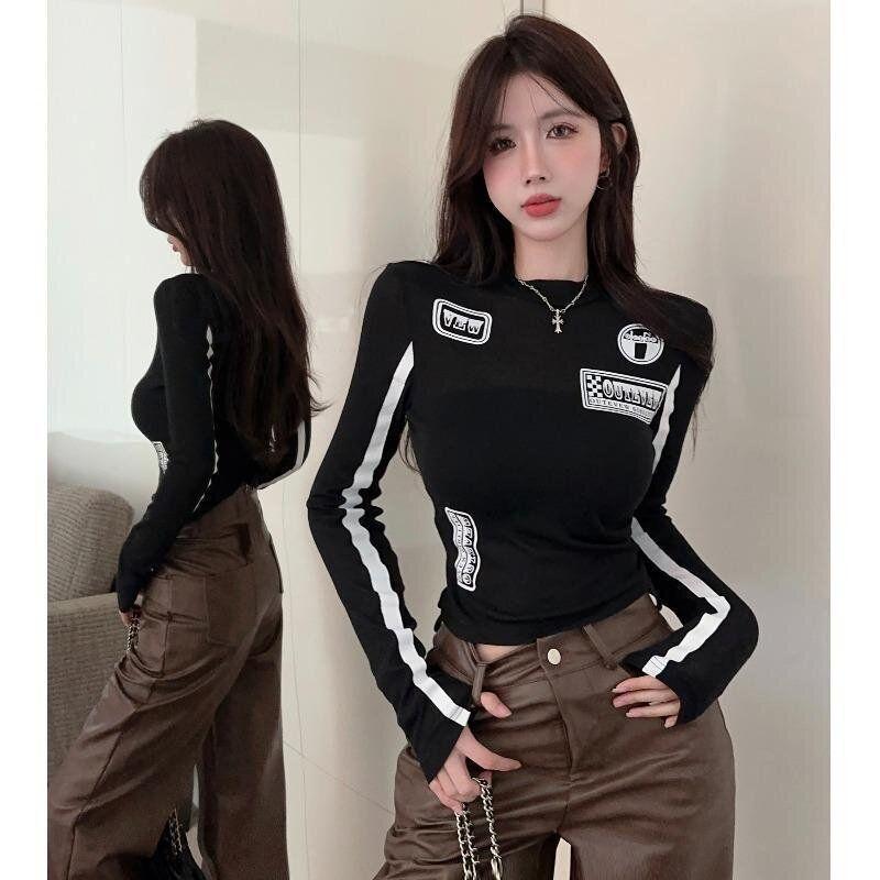 And Cool Spicy Girl Black and White Color-Blocking Unique Letter Print T-Shirt for Women, Slim Fit, Stylish, Versatile Long-Sleeve Top for Autumn