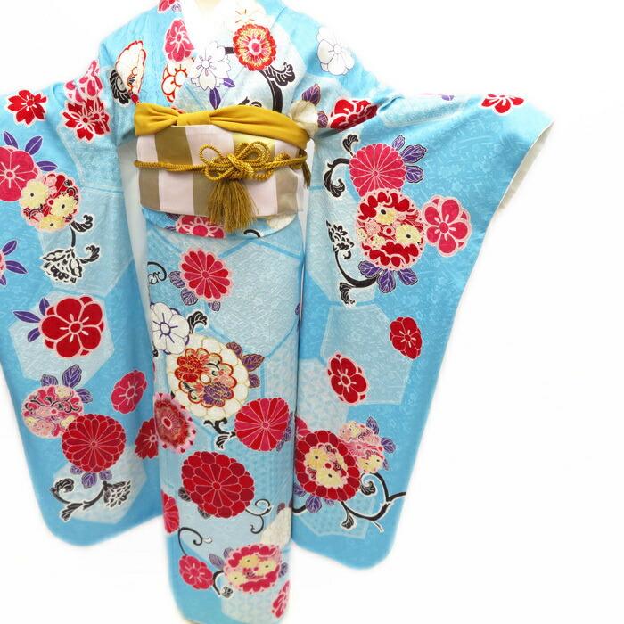 

Long-sleeved kimono, pure silk, with flowers and gold pieces embroidered on the tortoise shell, coming-of-age ceremony, wedding, betrothal, party,