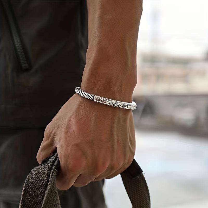 

Six character Mantra Alloy Bracelet for Men s Personality Heart Sutra Open Bracelet Retro Twisted Wire Bracelet for Men, Thai Silver
