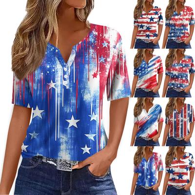 Damenmode Lässig Vintage Blumendruck V-Ausschnitt Kurzarm Dekorativer Knopf T-Shirt Tops