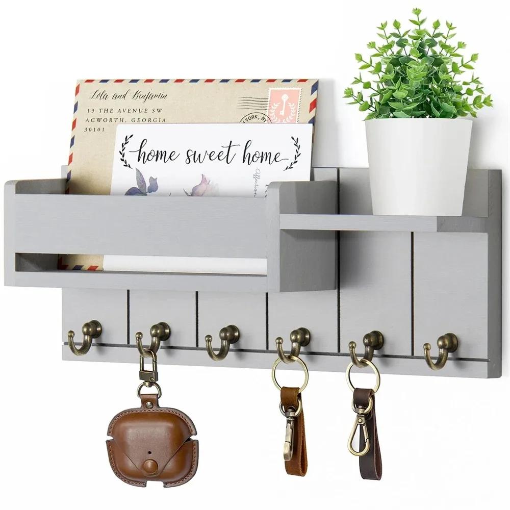 Rustic Wood Key Holder with Shelf Wall Mounted Decorative Key Rack And Mail Organizer 6 Key Hooks for Living Room Entrance