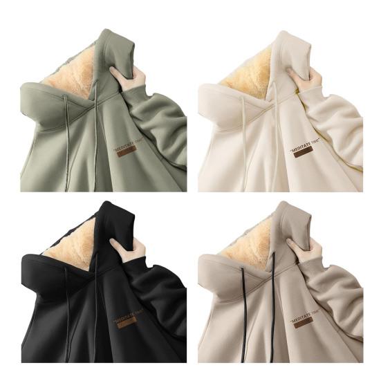 Couple Winter Hoodie Fleece Lined Thermal Insulation Hooded Pure Color Drawstring with Elastic Cuffs Women Men Fall Winter Top