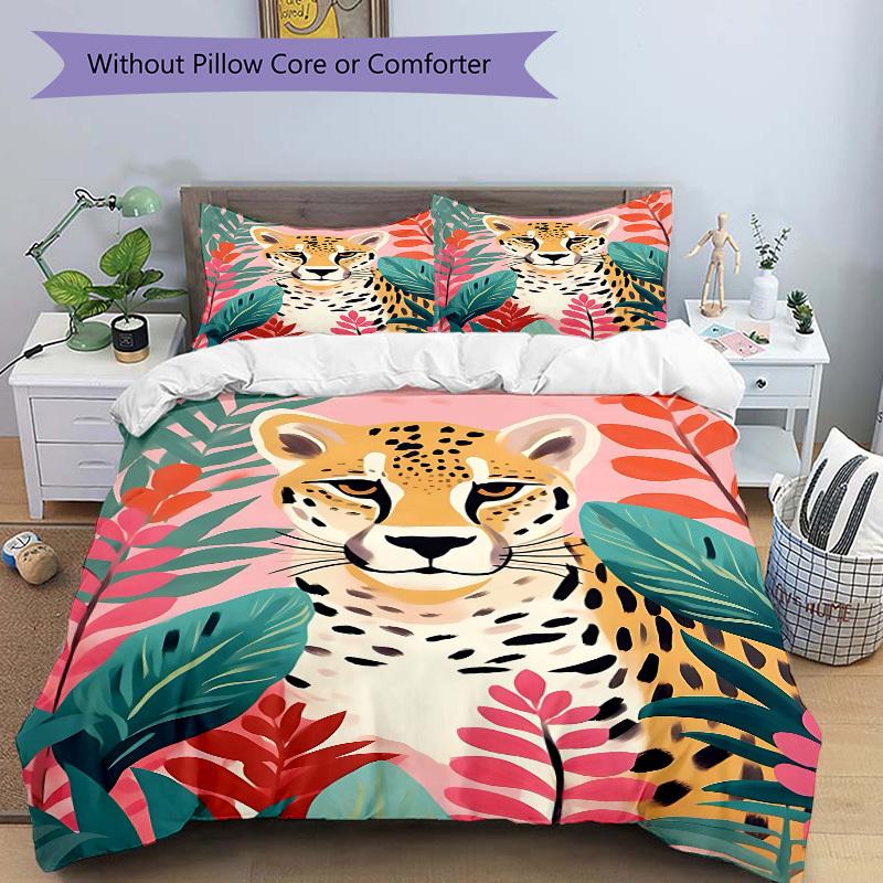 3PCs Cheetah Print Design Cover Set, Breathable Fabric, Machine Washable (1 Duvet Cover + 2 Pillowcases) (Without Quilt) yy250911163