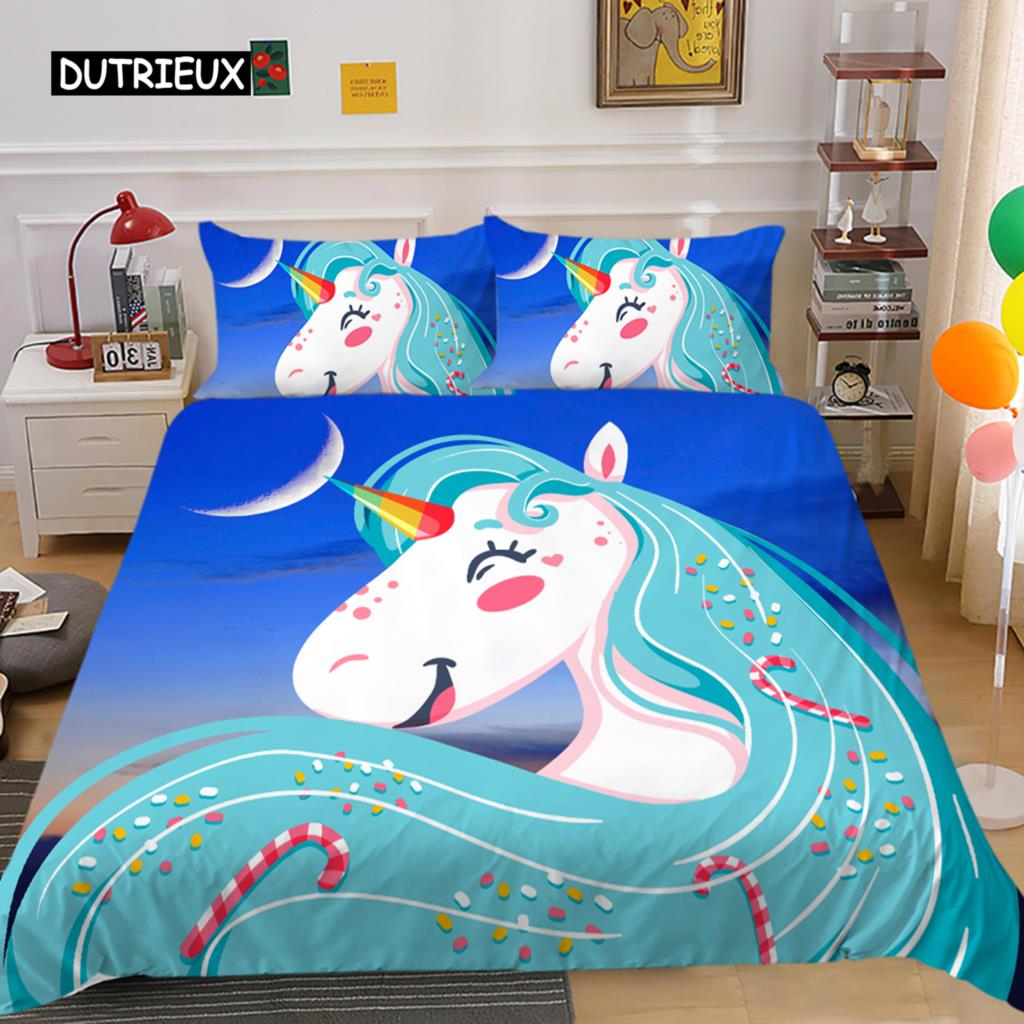 Husă de plapumă Rege Regină Unicorn Desen animat Animal Curcubeu Univers Set de lenjerie de pat pentru copii Adolescenți Cosmic Cer înstelat Poliester Husă de plapumă