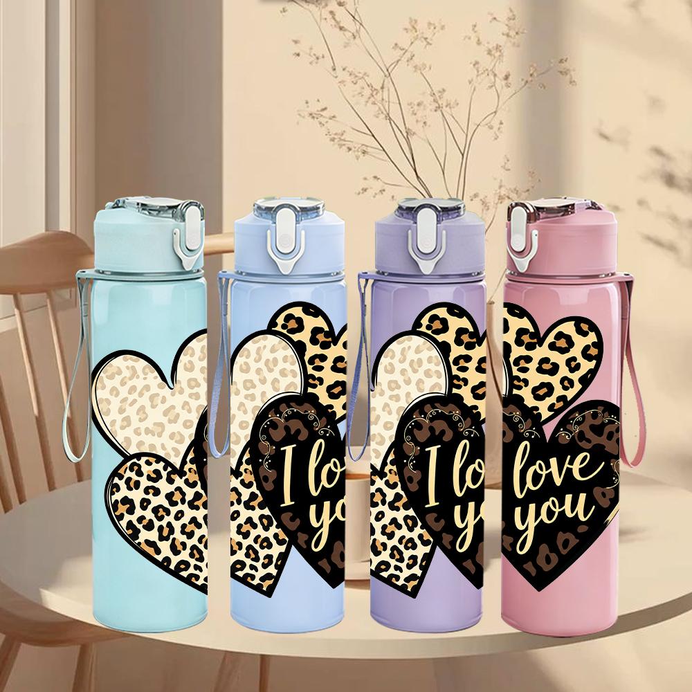 1PC Leopard Love Heart 750ml Color Plastic Sports Water Bottle Leakproof Flip Straw Lid Suitable for Sports Office Home Use
