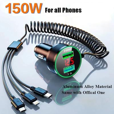 Usb Araç Şarj Adaptörü 150 w Hızlı Şarj Kablosu Ile 3 In 1 Samsung Xiaomi Oneplus Ipad Iphone Pro Max 12 11 Mini Telefon
