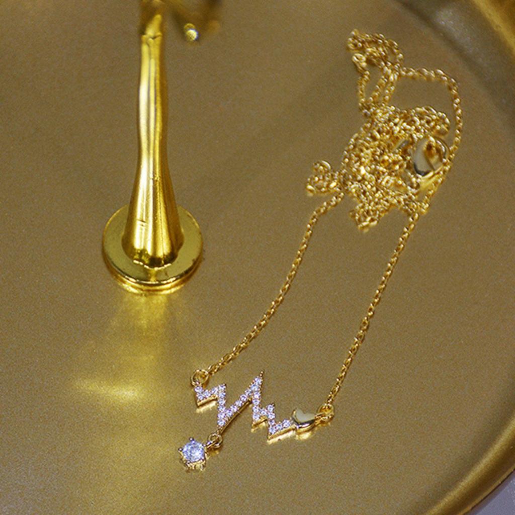 Paved Heartbeat Wave Pendant with Solid Heart and Dangle Round Stone Women Cable Chain Clavicle Necklace
