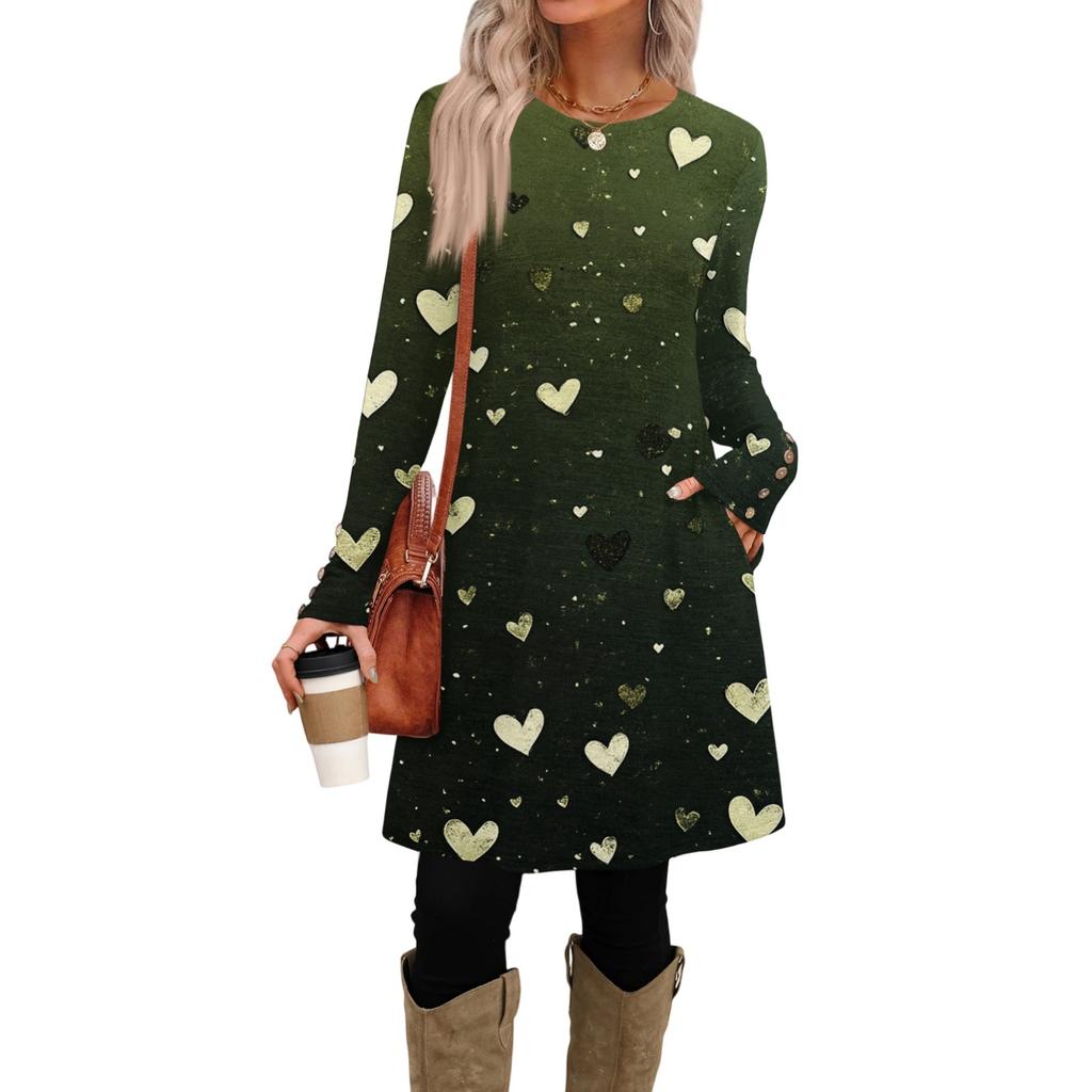 Damenmode lässiges Kleid mit Tasche, dekorativen Knöpfen, Rundhalsausschnitt, langen Ärmeln und Print