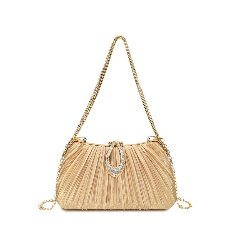 Women's Elegant Satin Evening Bag Pleated Clutch Wedding Purse Chains Party Prom Handbags with Rhinestones for Wedding Bride