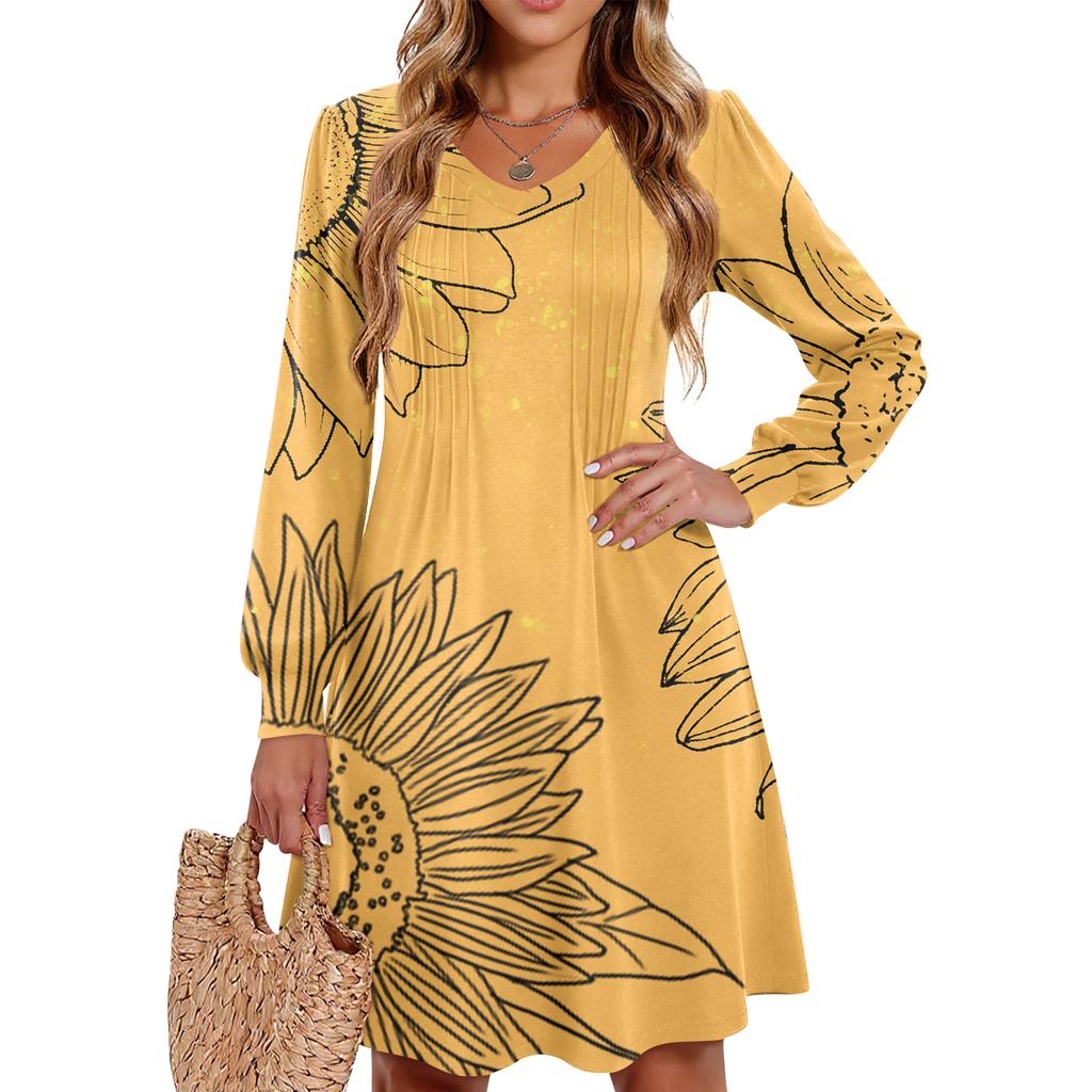 Damen Bedrucktes Lässiges und Modisches V-Ausschnitt Langarm Midikleid