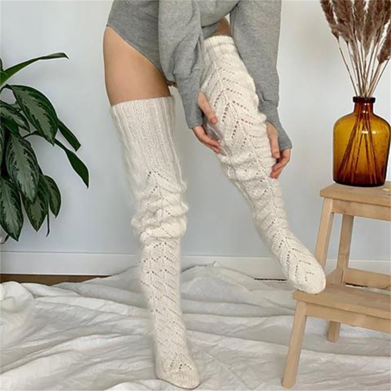 Hollowed Out Knitted Over Knee Long Socks for Women Winter Fall Thigh High Stockings Solid Color Thermal Long Leg Warmer