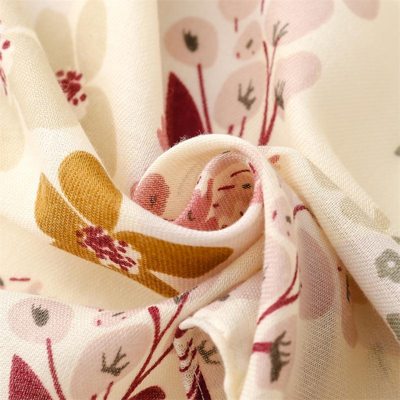 Elegant Beige Floral Tassel Shawl - Cotton Linen Feel Satin Scarf