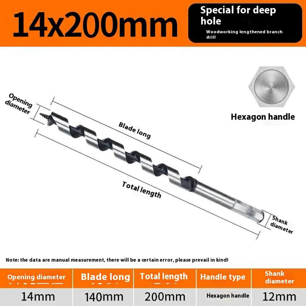 14x200mm Deep Hole Extended Auger Drill Bit Woodworking Hex Shank Bit for Electric Drill/Bench Drill
