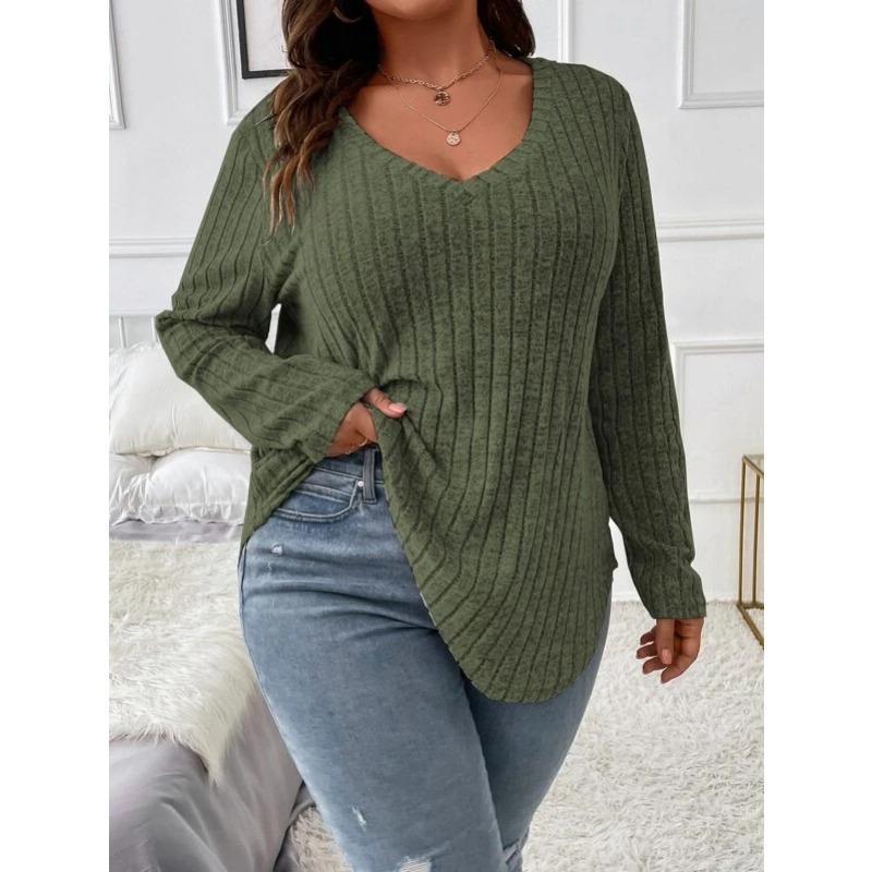 New V Neck Long Sleeve Casual Plus Size Loose Blouse Solid Color Women Large Casual Office Fashion Elegant Long Sleeve Tos Pit Strip Tshirt Clothes