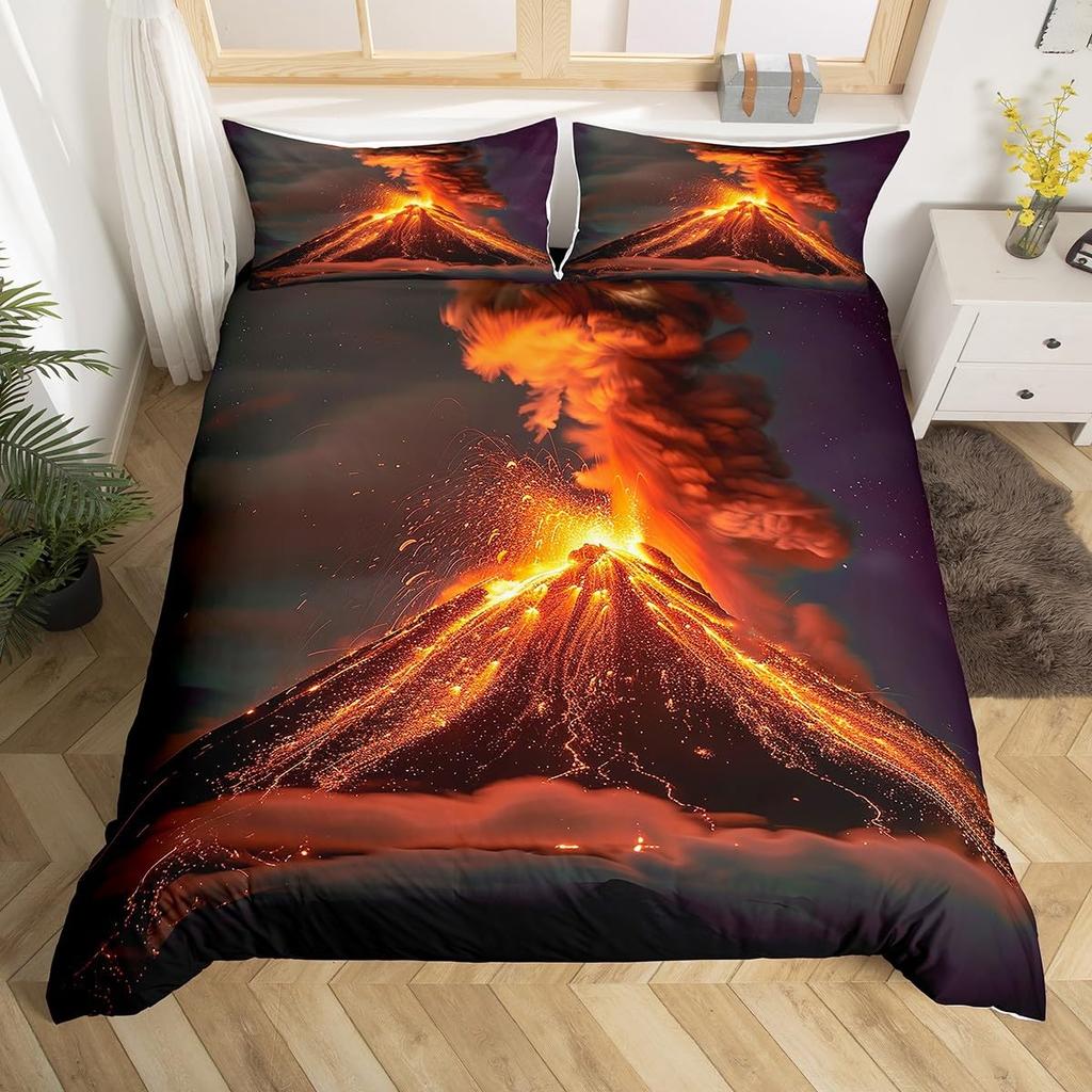 Volcano Duvet Cover Set Volcanic Eruption Pattern Bedding Set Fire Mountain Comforter Cover Boys Girls Women Men Bedroom Decor
