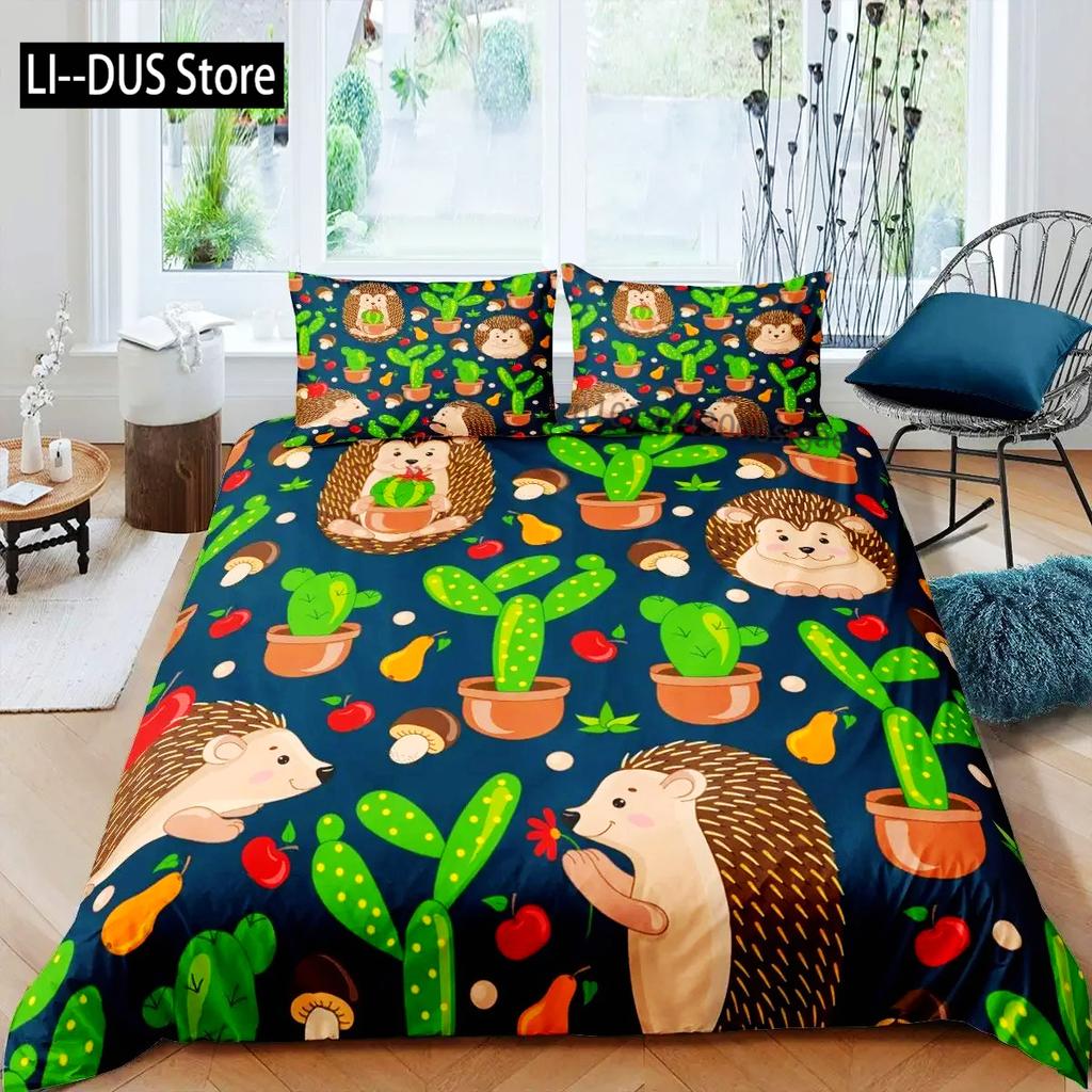 Hedgehog Duvet Cover Mushroom For Boys Teens Cute Cartoon Wild Animal Pinecone Tree Leaf Quilt Cover Autumn Leaves Room Decor