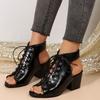Fashion Plus Size High Heels Women Summer New Round Toe Breathable Front Lace-Up Mid Heel Block Heel Leather Face Cool Boots