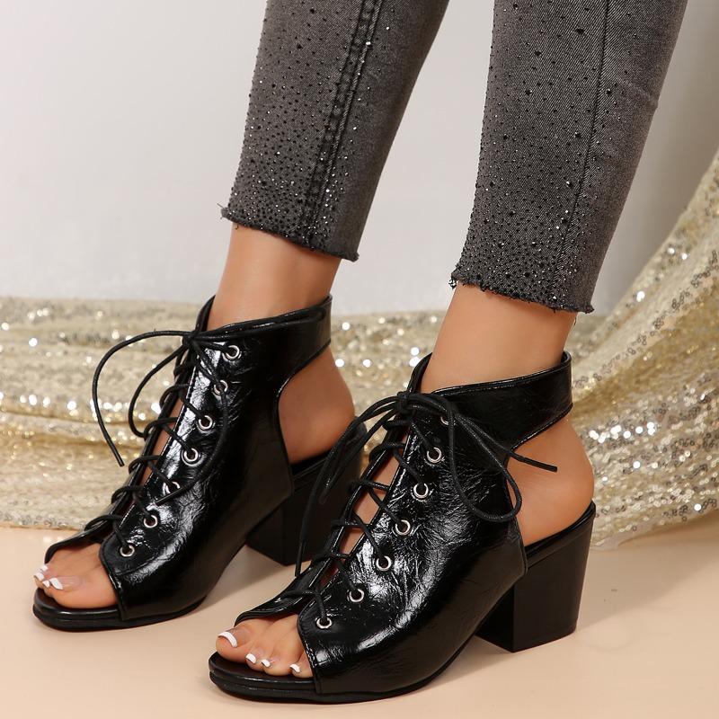 Fashion Plus Size High Heels Women Summer New Round Toe Breathable Front Lace-Up Mid Heel Block Heel Leather Face Cool Boots