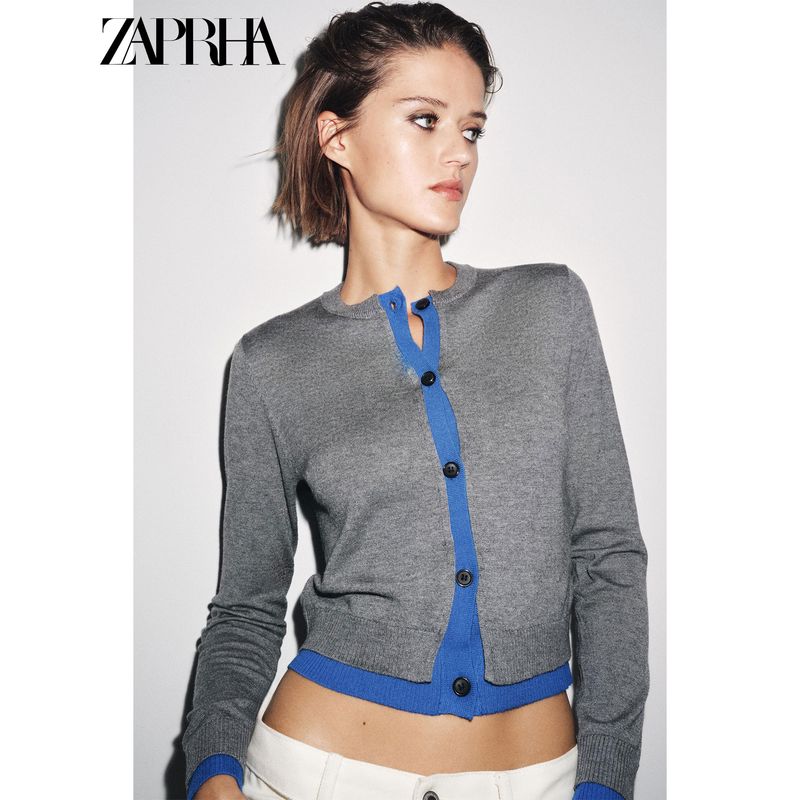 Zaprha 2025 Fall New Arrival Women Round Neck Long Sleeves Rib Stitching Decorative Layer Knitting Cardigan Outwear 3581005