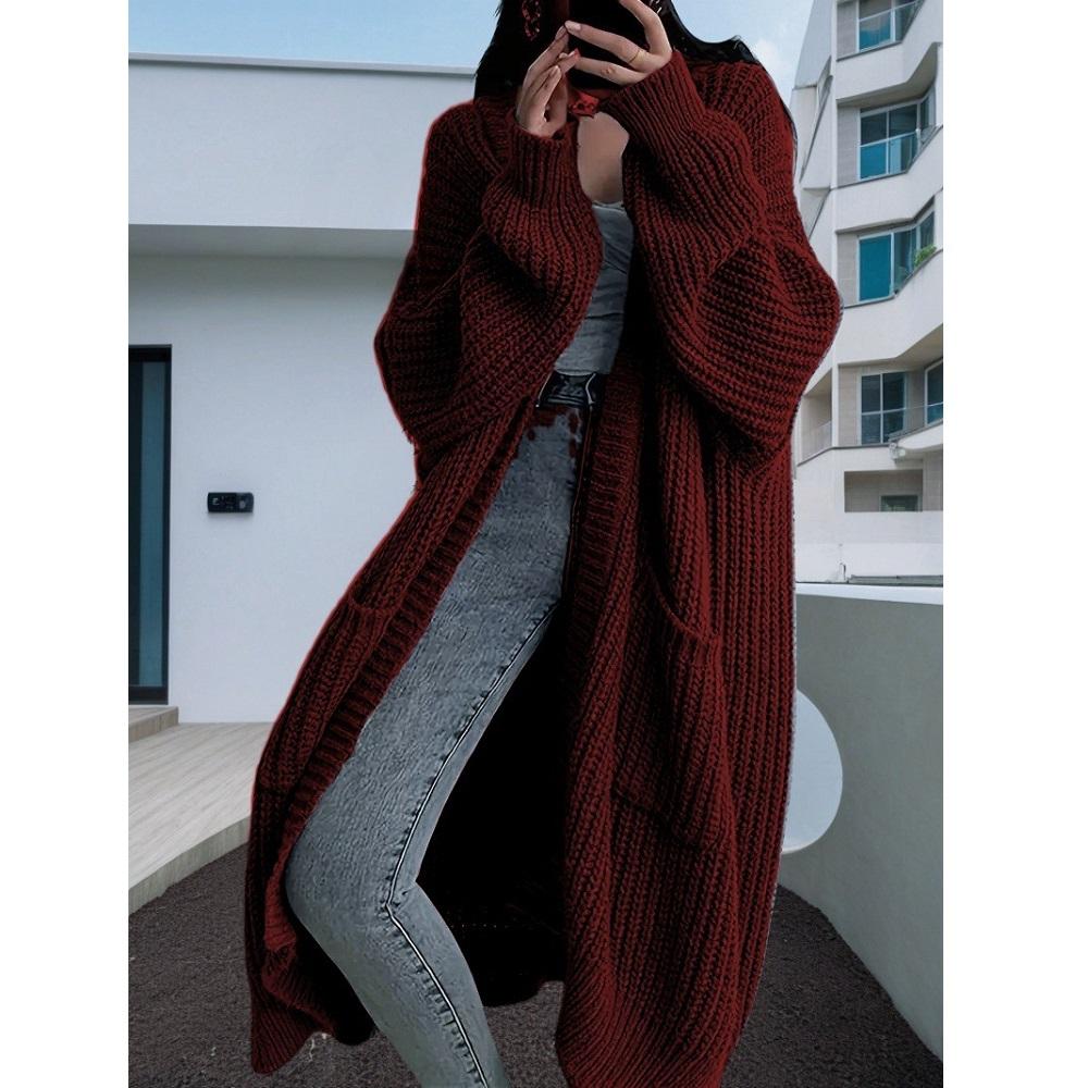 Dames Winter Herfst Trui Vesten Lange Mouw Maxi Gebreide Bovenkleding Jassen Zakken Jassen