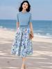 Elegant Retro Knit Top & Floral Skirt Set - Summer 2026 Two-Piece with Ink Painting Print & Elastic Waist.