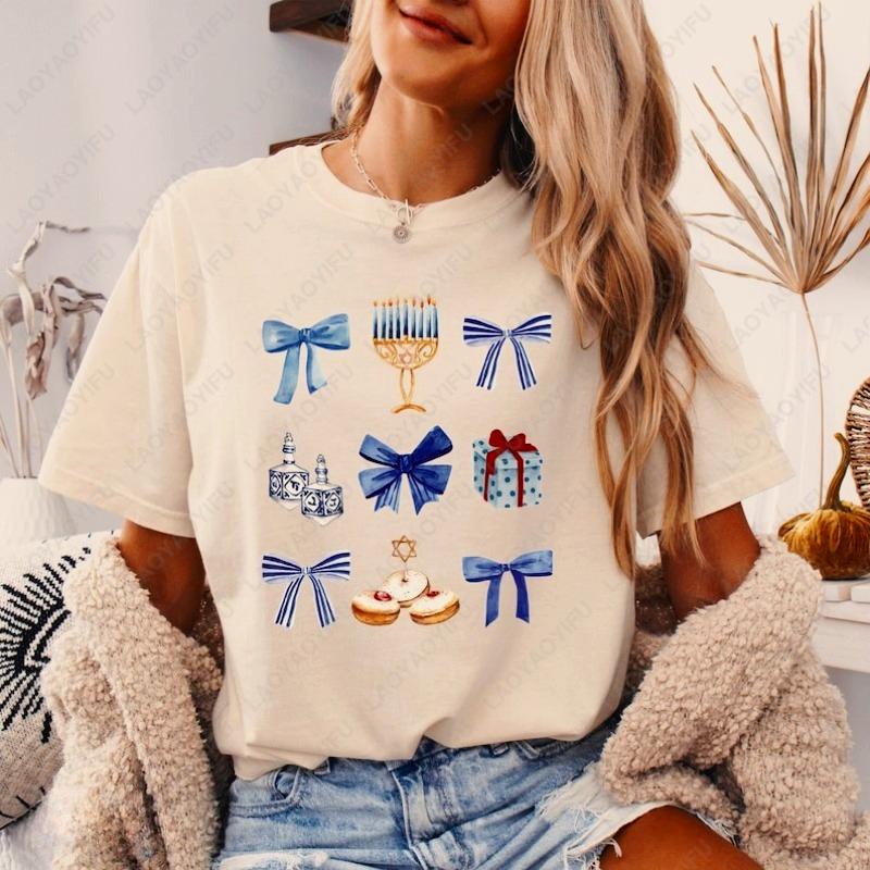 Funny Coquette Hanukkah T Shirt Ulzzang Hanukkah Shirt Cute Bow Hanukkah Womans Cotton Tees Festival of Lights Shortsleeve Top S