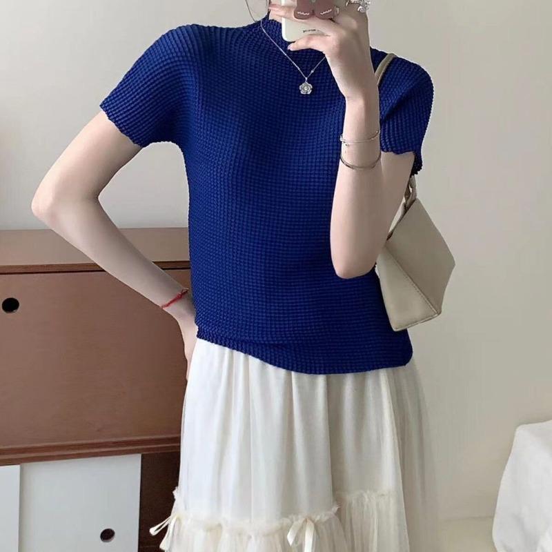 Vintage Wrinkled Short Sleeve Women  High Neck Slim Fit Summer Magic Casual Thin Top