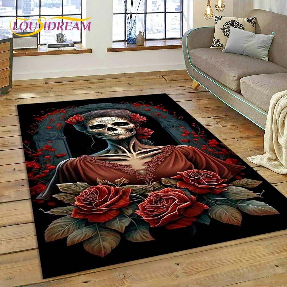 Skull Dead Girl 3D Gothic Horror Female Rose Rug Carpet for Living Room Bedroom Decor,Non-slip Decoration for Sofa Doormat Gift
